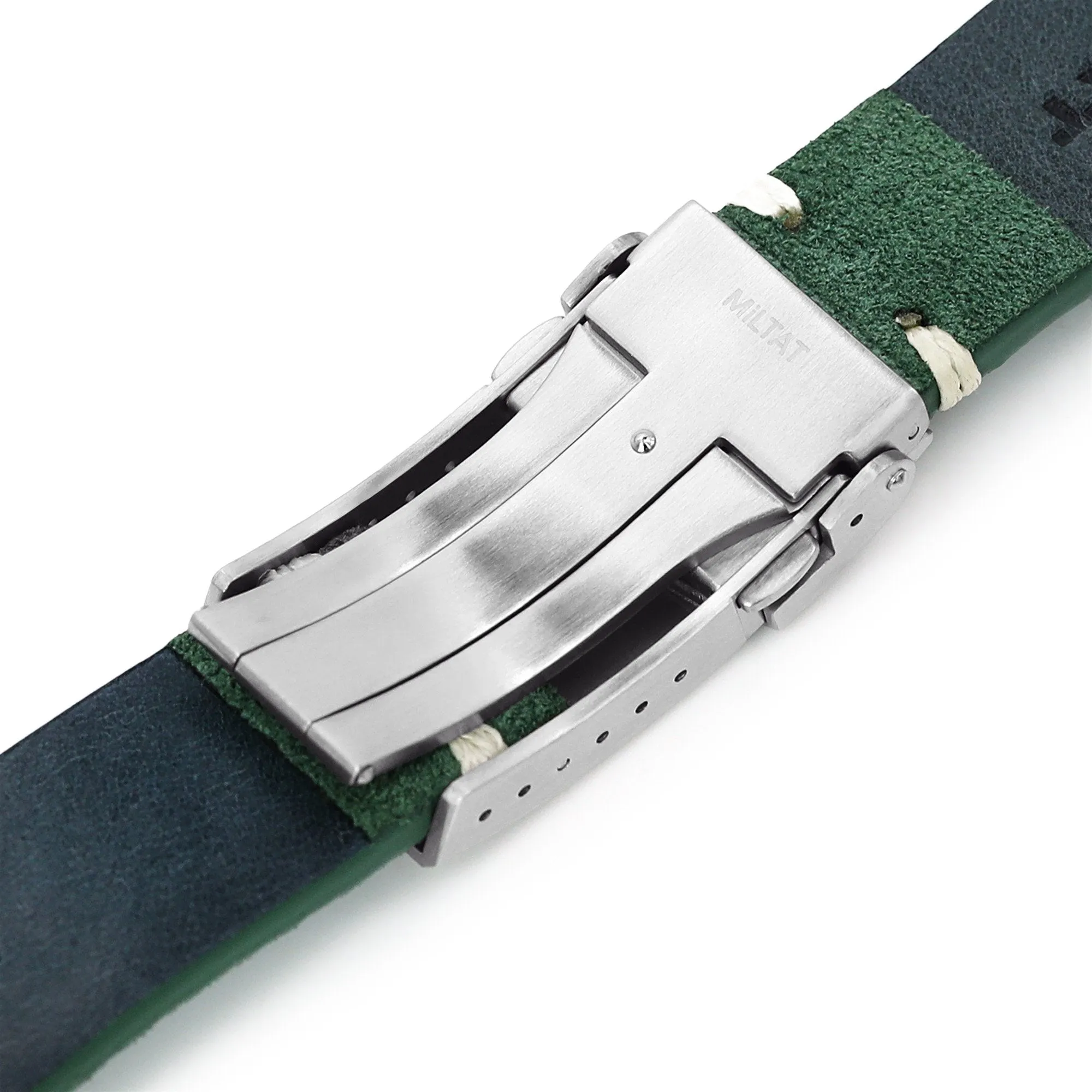 20mm or 22mm MiLTAT Green Genuine Leather One-piece Suede Quick Release Watch Strap, V-Clasp