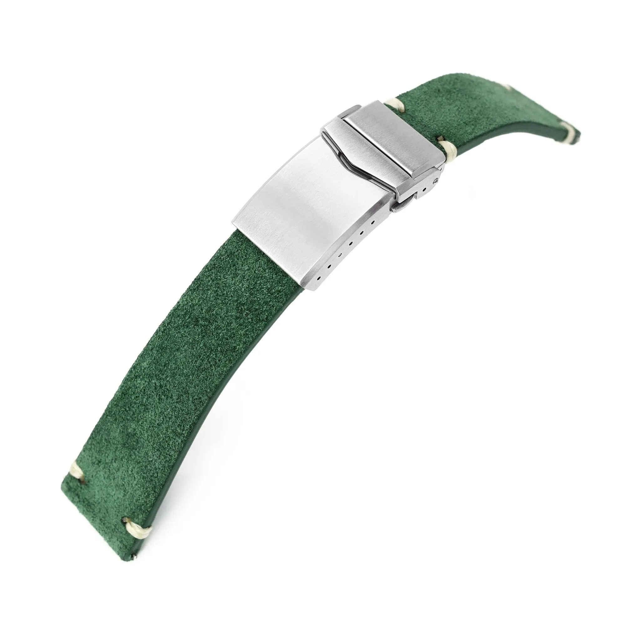 20mm or 22mm MiLTAT Green Genuine Leather One-piece Suede Quick Release Watch Strap, V-Clasp