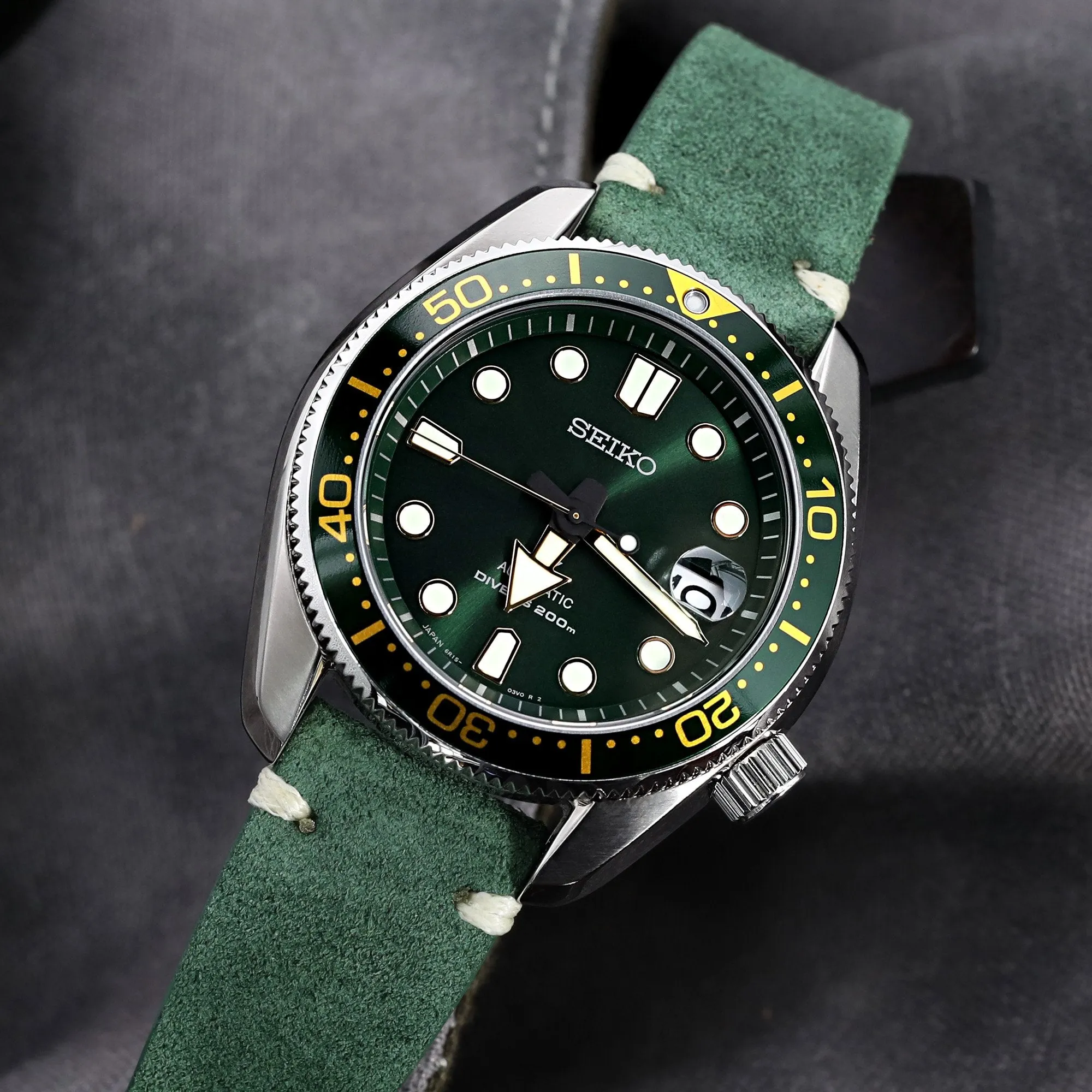 20mm or 22mm MiLTAT Green Genuine Leather One-piece Suede Quick Release Watch Strap, V-Clasp