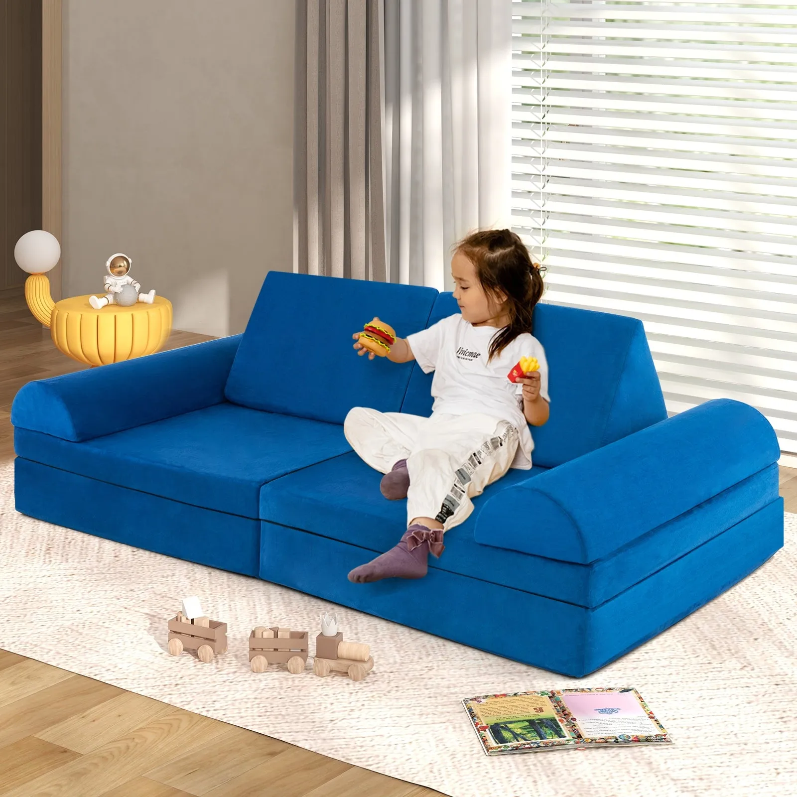 6 Pieces Convertible Kids Play Couch Set with Zipper-Blue