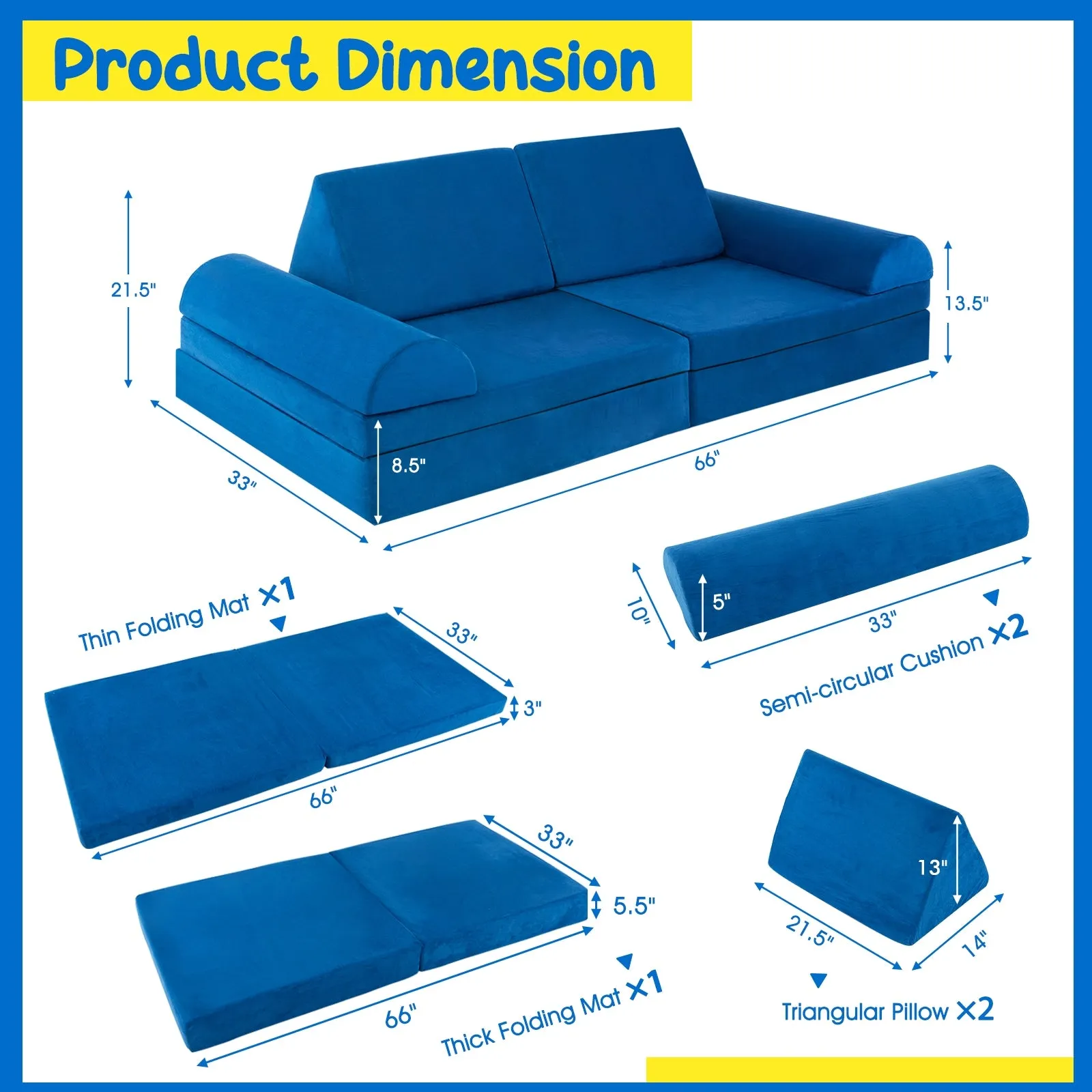 6 Pieces Convertible Kids Play Couch Set with Zipper-Blue