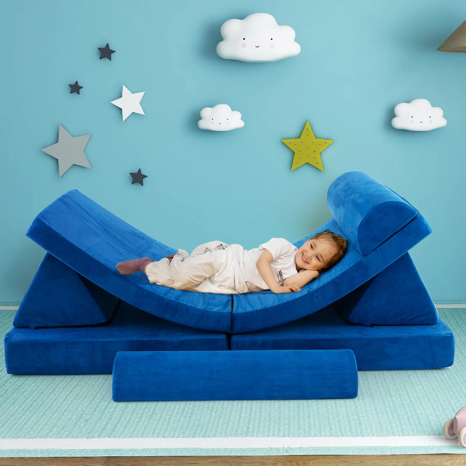 6 Pieces Convertible Kids Play Couch Set with Zipper-Blue