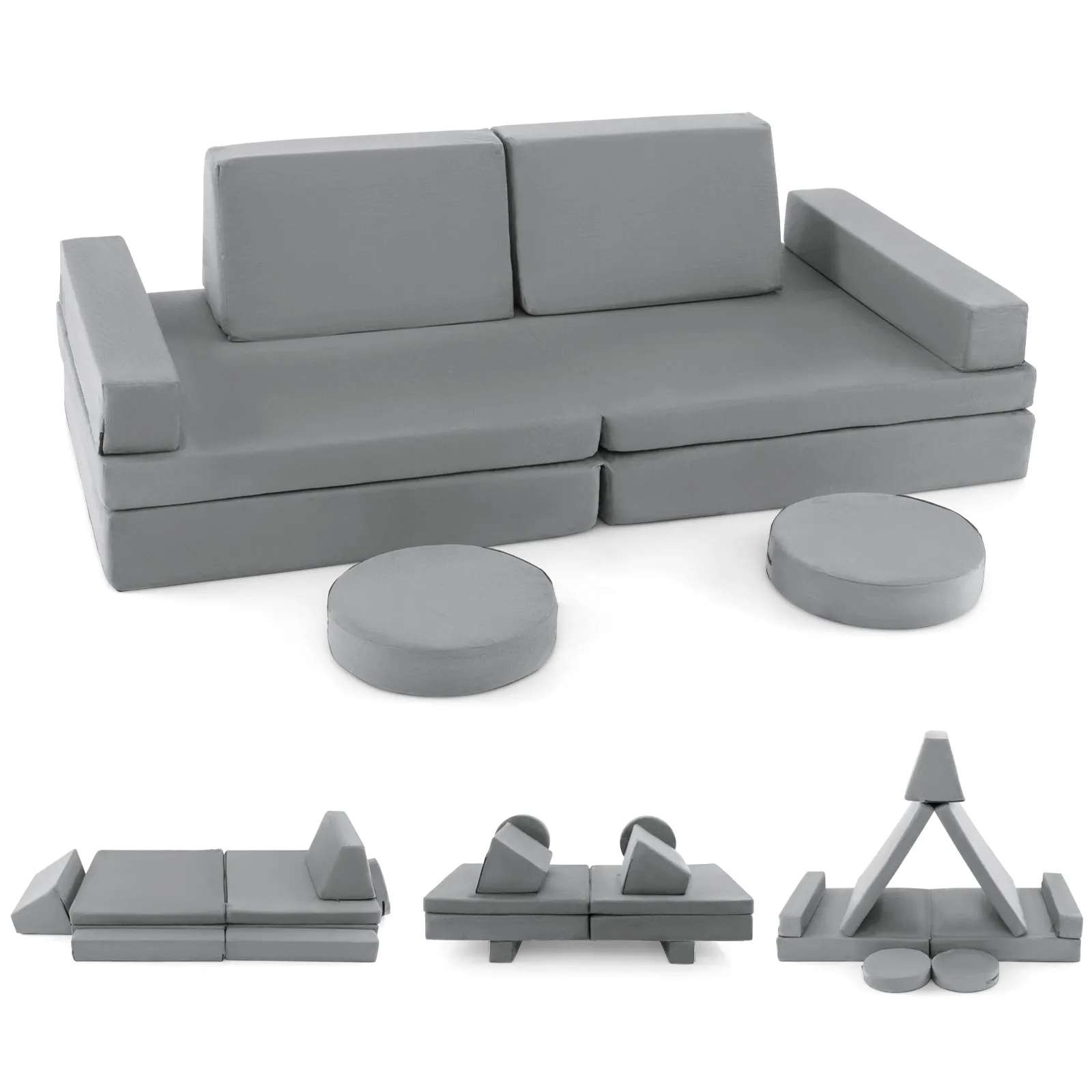 8-Piece Kids Play Couch Sofa with Portable Handle-Gray