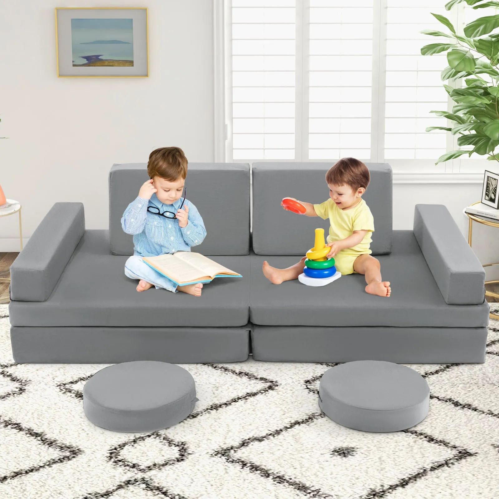 8-Piece Kids Play Couch Sofa with Portable Handle-Gray