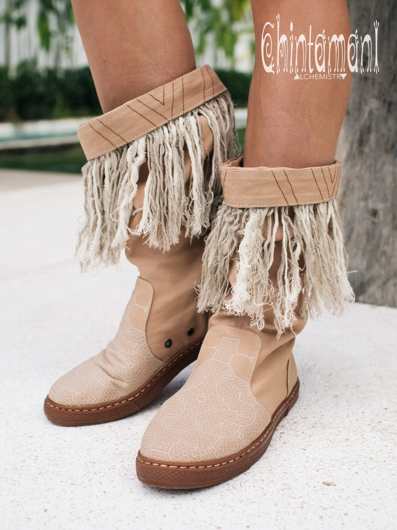 Alma Libra Cotton Canvas Vegan Fringe Boots / Boho High Shoes / Beige