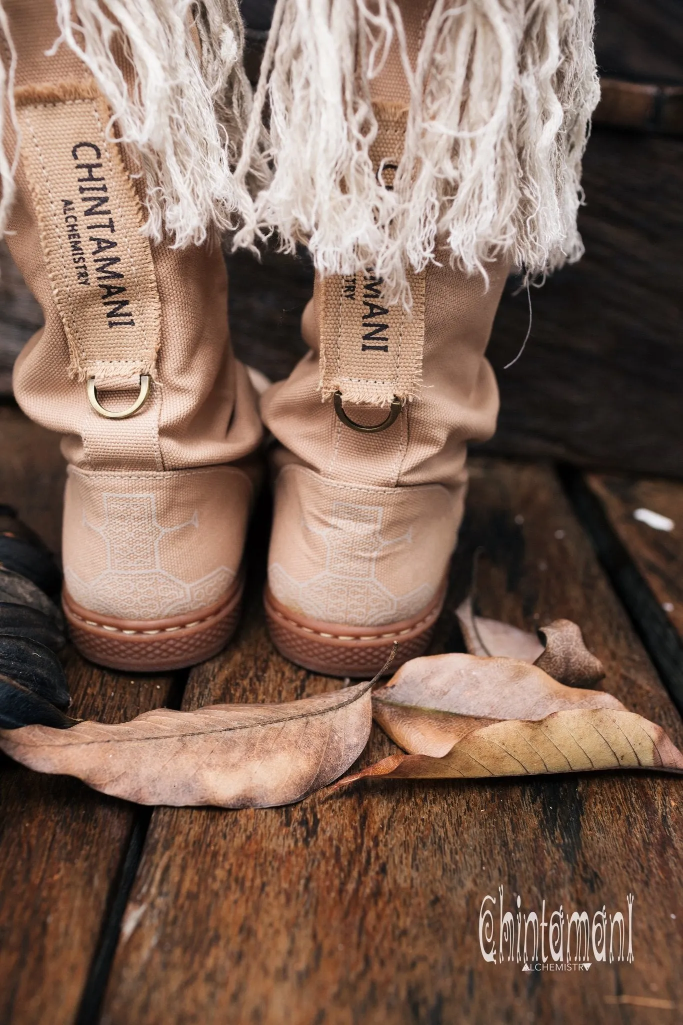 Alma Libra Cotton Canvas Vegan Fringe Boots / Boho High Shoes / Beige