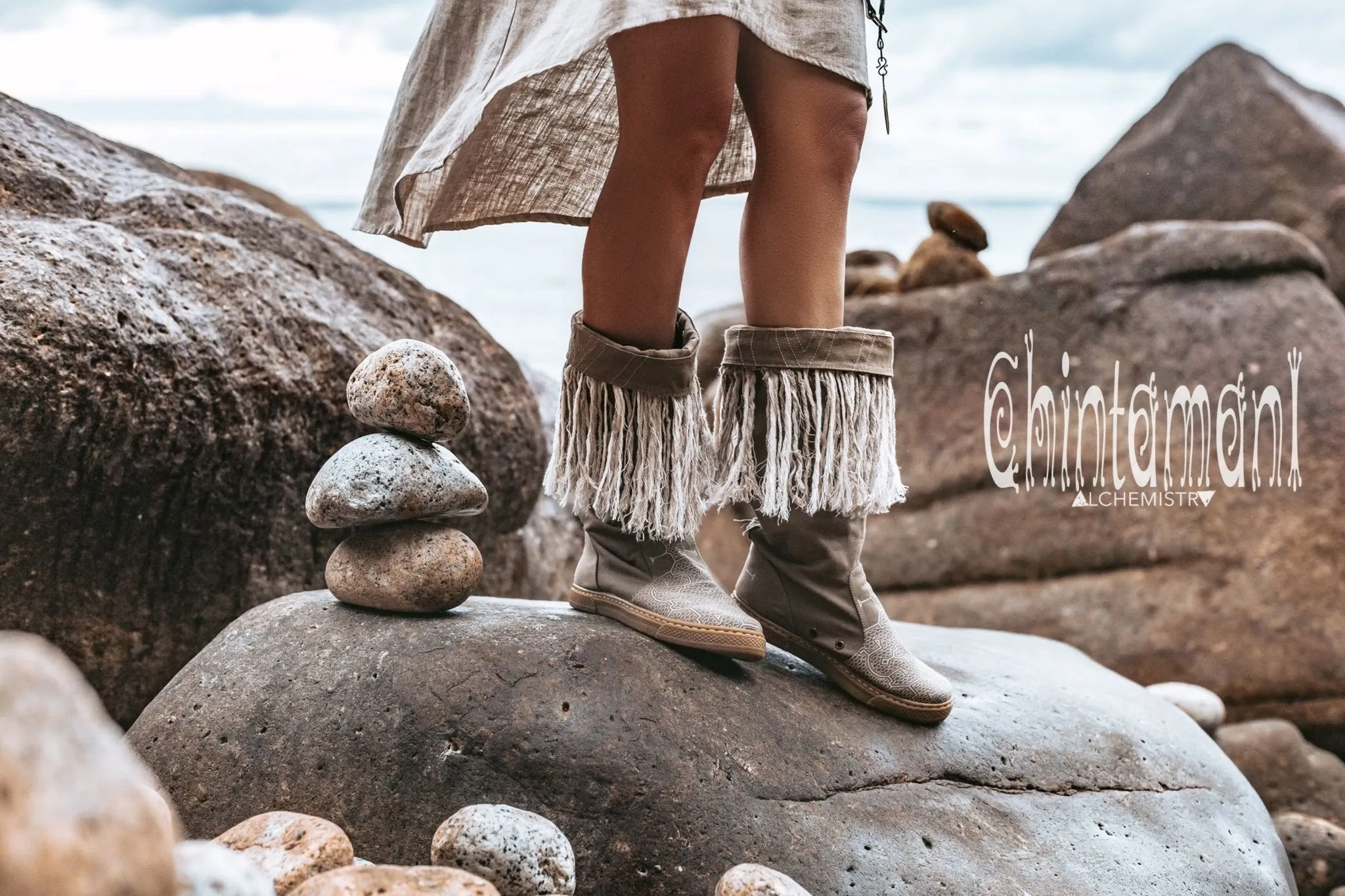 Alma Libra Cotton Canvas Vegan Fringe Boots / Boho High Shoes / Beige