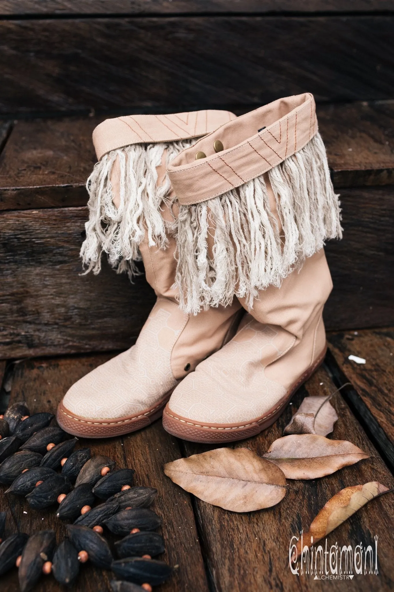 Alma Libra Cotton Canvas Vegan Fringe Boots / Boho High Shoes / Beige