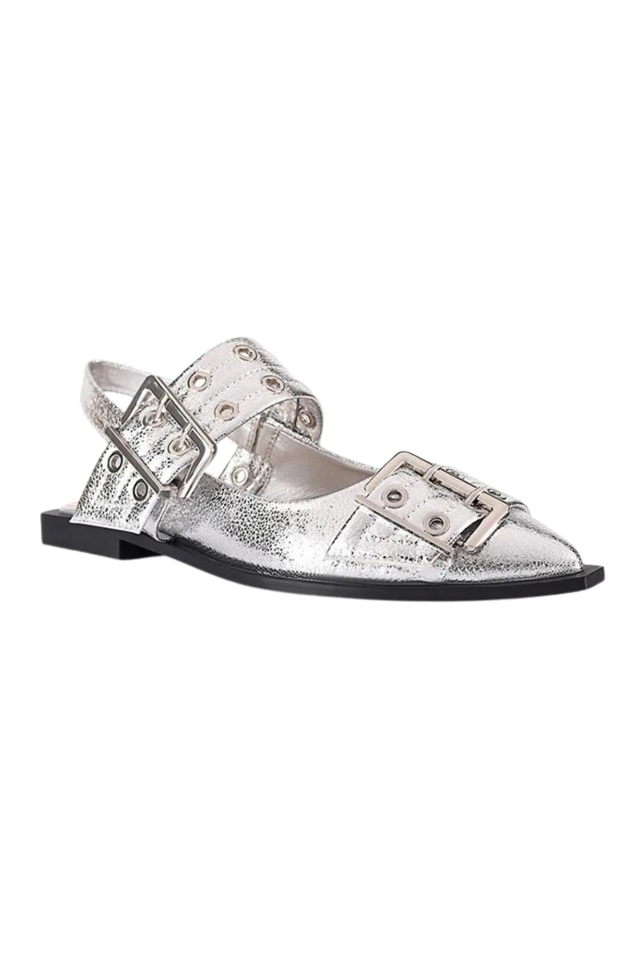 Clea Slingback Buckle Flats Silver Crinkle