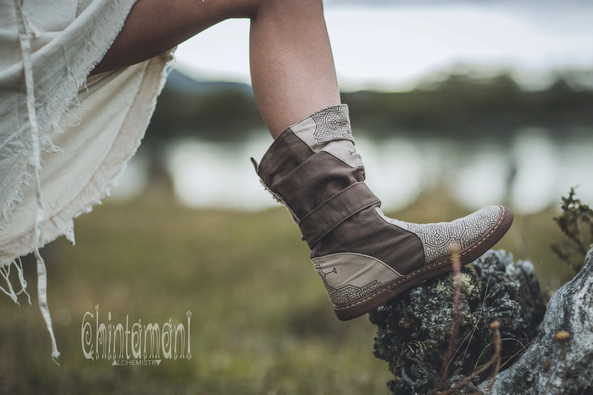 Cotton Canvas Vegan Boots / Shoes with Shipibo Print / Unisex Brown