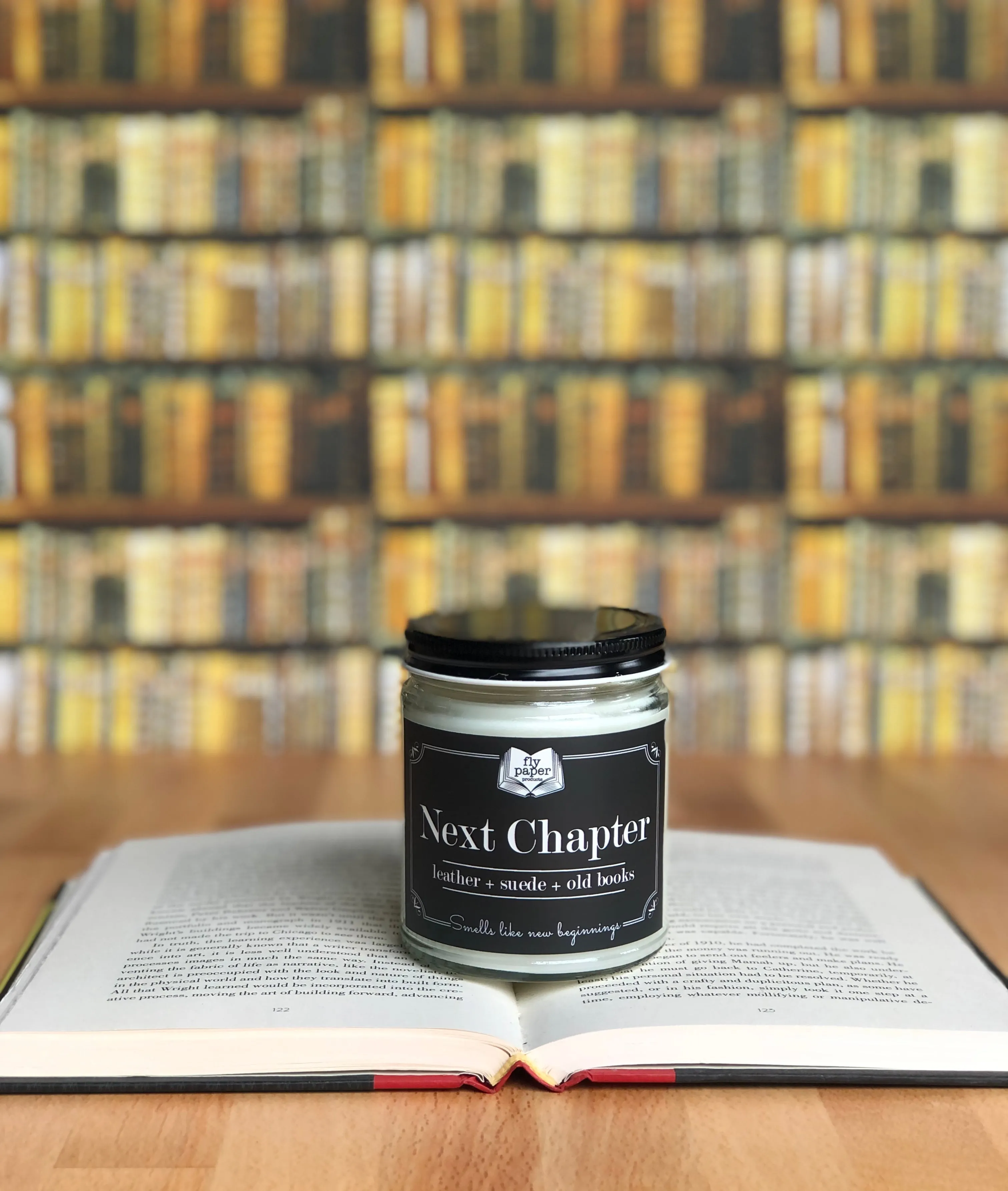 Next Chapter 9oz Soy Candle Leather   Suede   Old Books