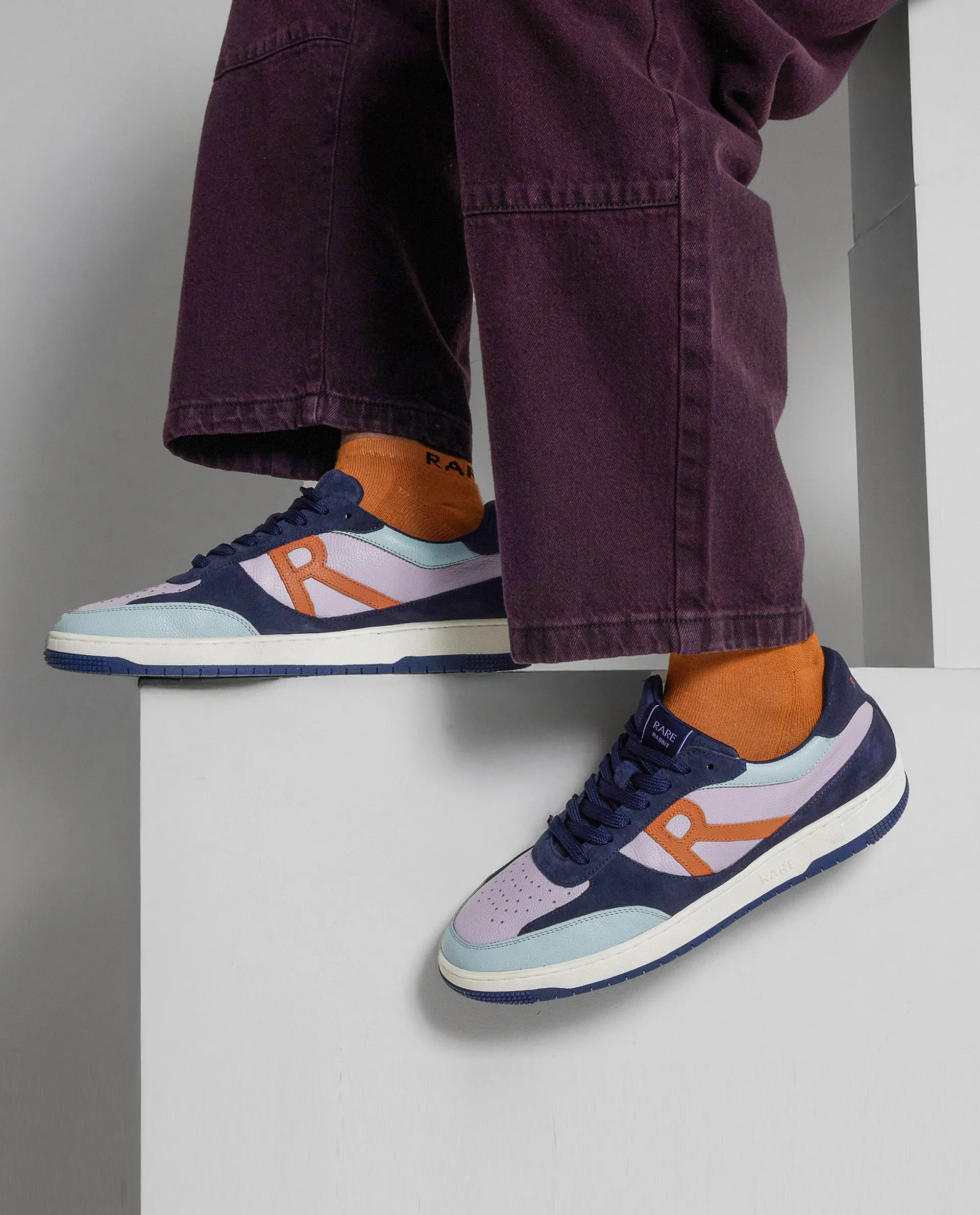 Rare Rabbit Men's Parallax Purple / Navy Genuine Suede Colorblock Low-Top Lace-Up Sneaker Shoes