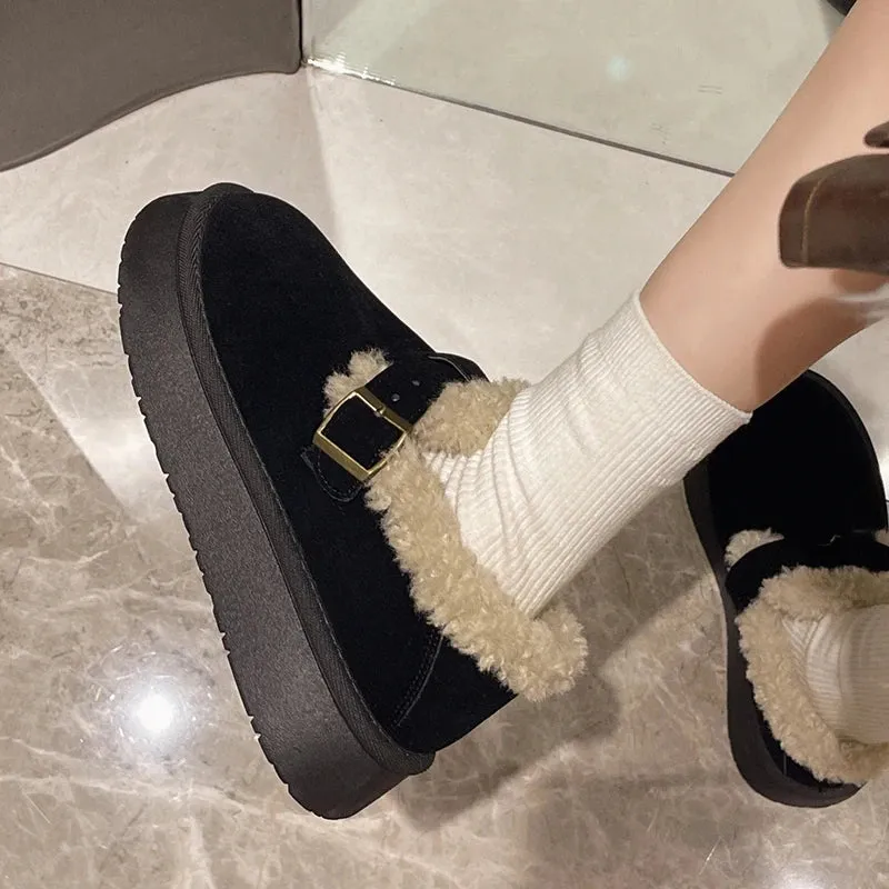 Sohiwoo Faux Suede Women's Platform Snow Boots Fashion Buckle Plush Lined Ankle Boots Woman Comfortable Non Slip Cotton Padded Shoes 41