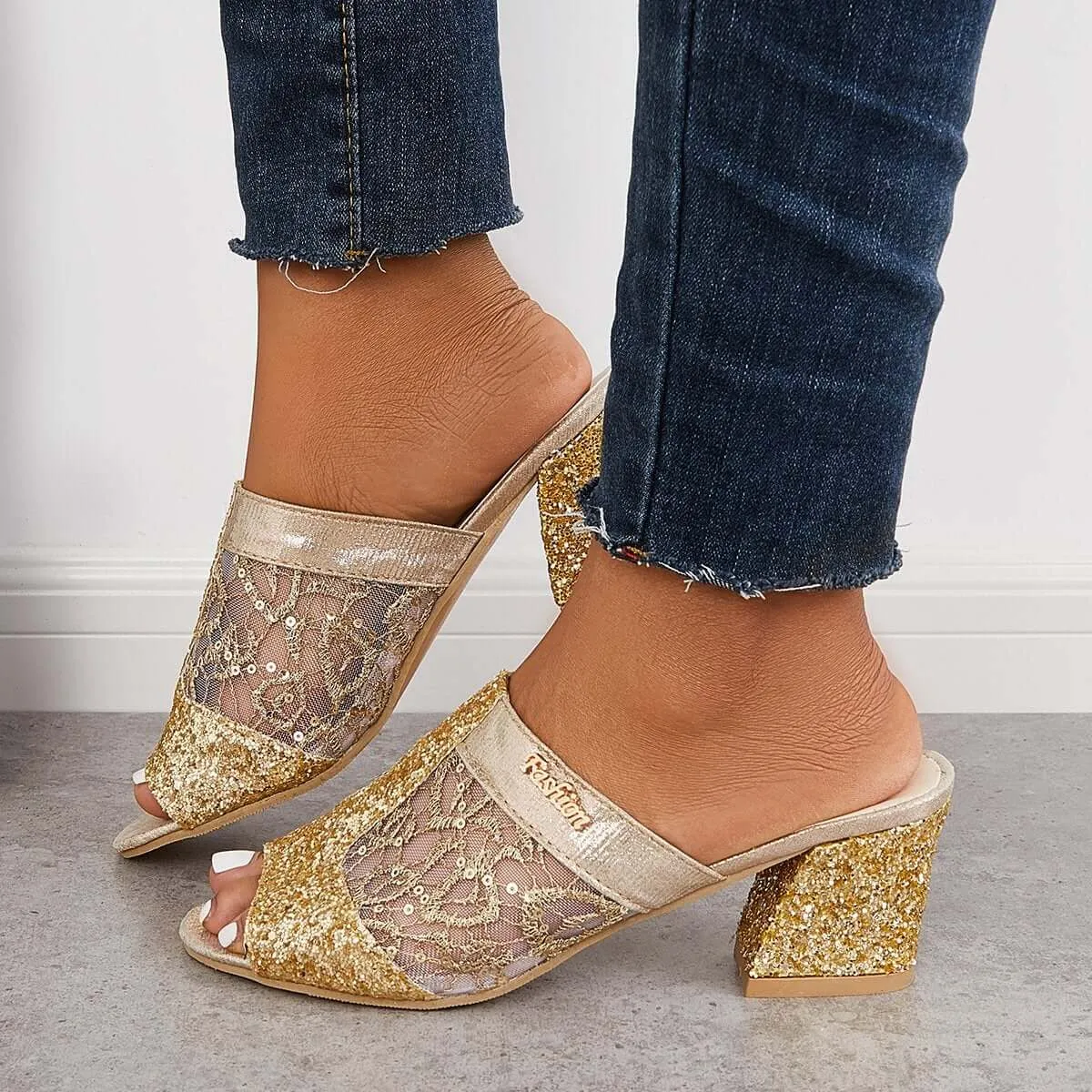 Sohiwoo Floral Embroidery Backless Mules Slip on Block Heel Sandals