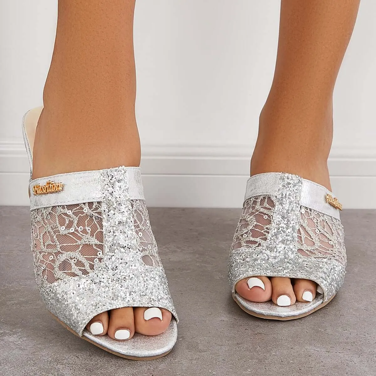 Sohiwoo Floral Embroidery Backless Mules Slip on Block Heel Sandals