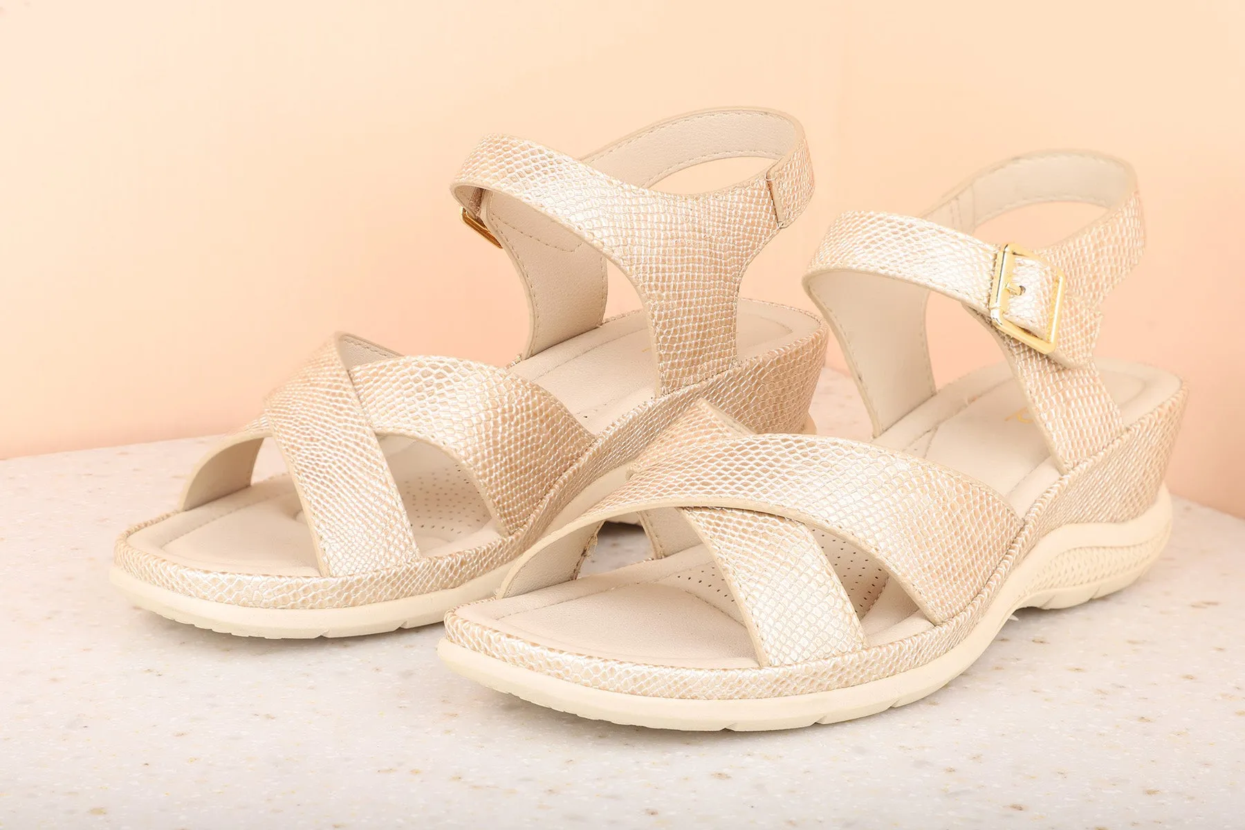 Women Beige Textured Wedge Heels