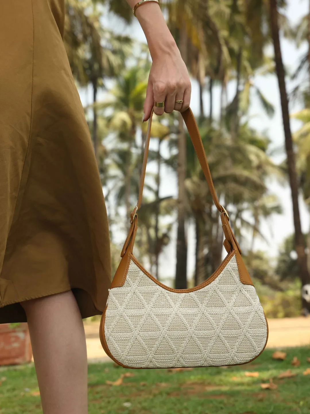 Women Tan Textured Structured Handheld Bag