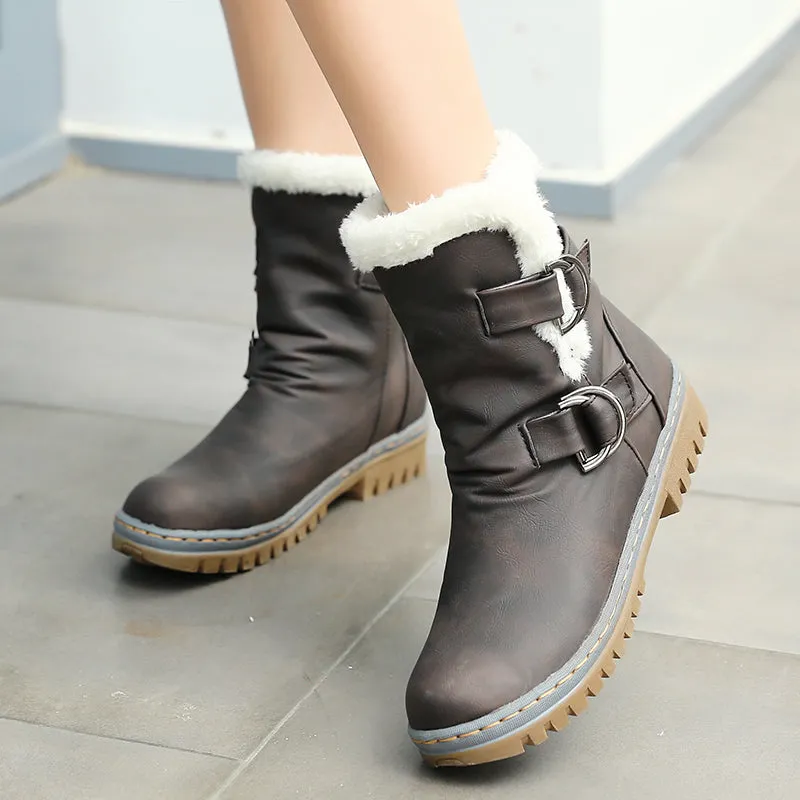 Womens Snow Boots Flats Fur Warm Winter Buckle Slip on Shoes