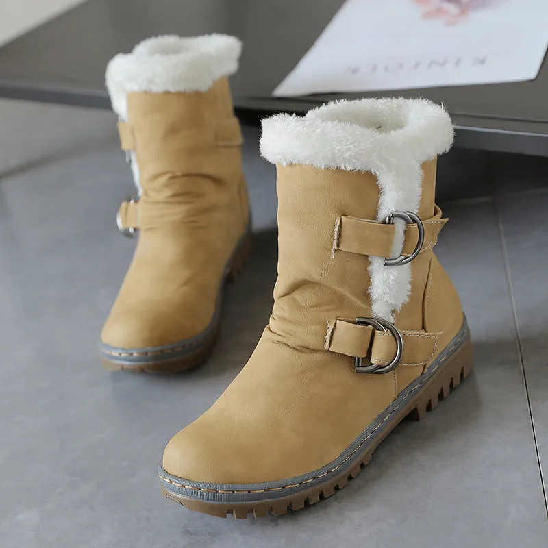 Womens Snow Boots Flats Fur Warm Winter Buckle Slip on Shoes